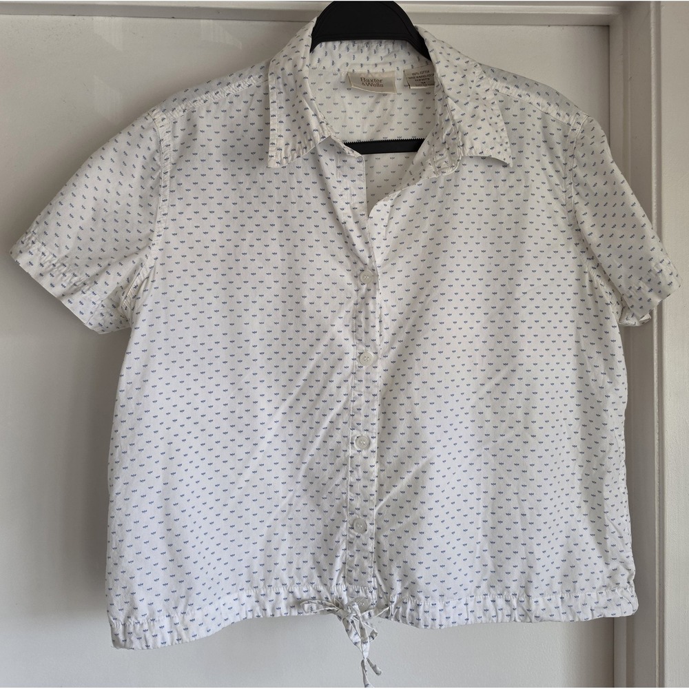Baxter & Wells Button-Down Shirt Women M White Blue 100% Cotton Short Sleeve